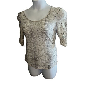 Women Casual T Shirt Snake Print Mesh Transparent Shirred Sleeve Snakeskin Tops